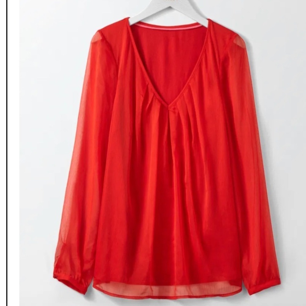 Boden Red Sheer V-Neck Blouse US‎ 18 | Flowy Long Sleeve Plus Size Top